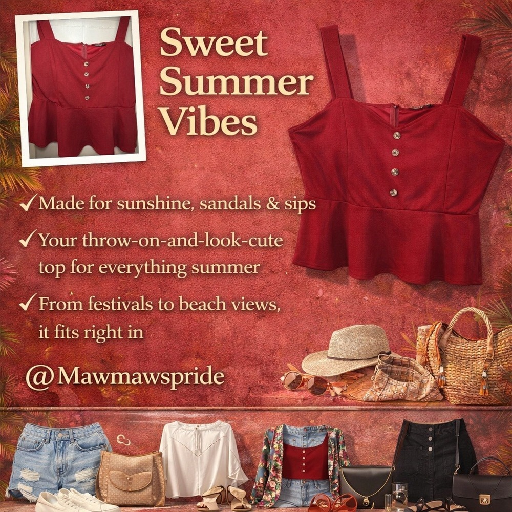 SWEET SUMMER VIBES Burgundy Red Peplum Camisole Tank Top Plus Size 4XL beach